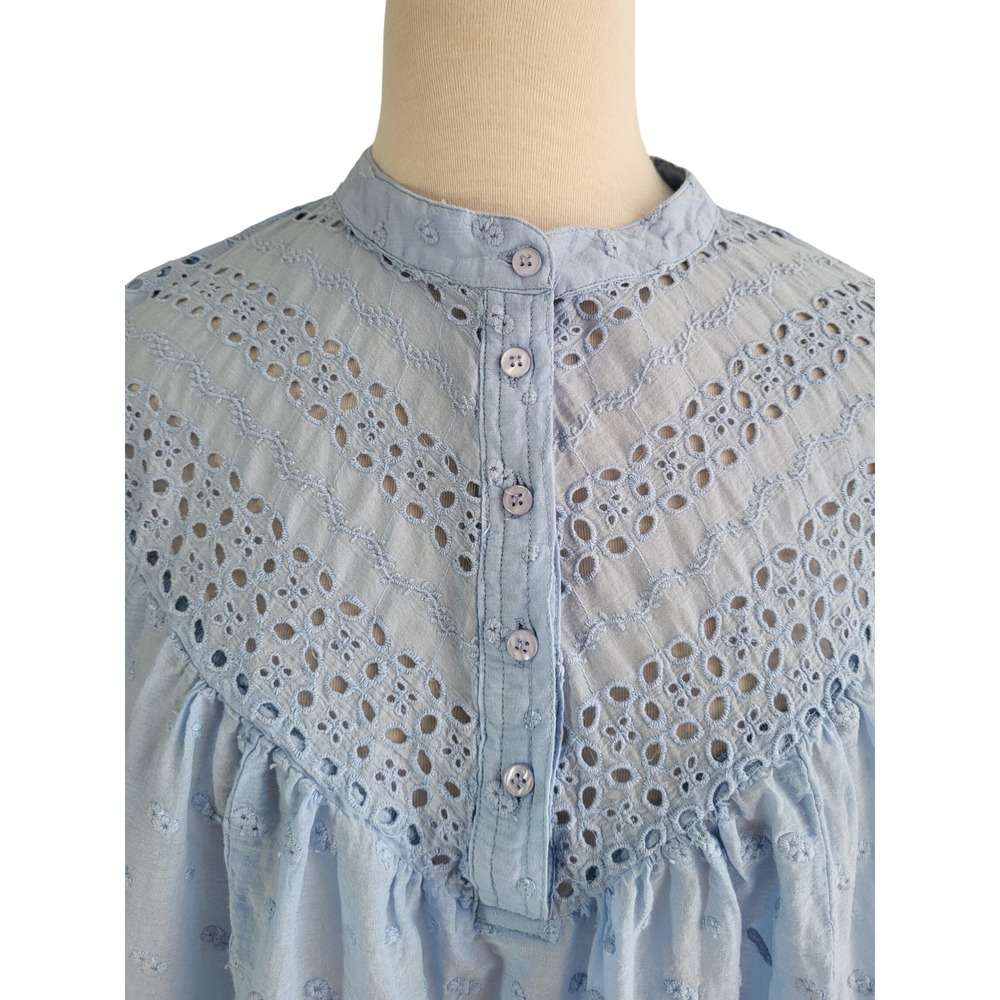 Calypso St Barth Swiss Dot Embroidered Blue Eyelet Lace Cotton Blouse Large Boho - Picture 4 of 13